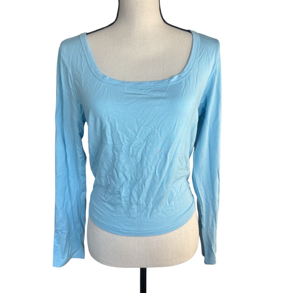 Reoria Women's Top Light Blue Long Sleeve Round Neck Soft Stretch Viscose NEW